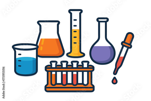 Colorful chemistry laboratory equipment set with flasks, beakers, and test tubes