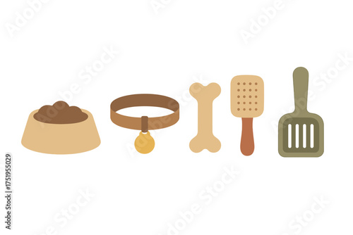 Essential pet supplies set for dogs including feeding bowl, collar, bone, brush, and scoop