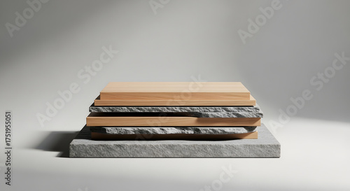 Minimalist podium featuring a layered composition of natural rough stone and smooth wood, creating an elegant product display stand on a simple gray background