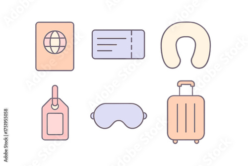 Essential travel accessories set including passport, boarding pass, luggage, neck pillow, and eye mask