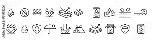 waterproof water resistant materials vector linear icons set
