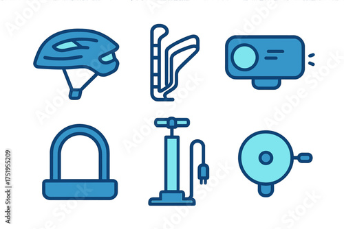 Set of essential cycling accessories icons: safety helmet, air pump, security lock, water bottle cage, action camera, and bell
