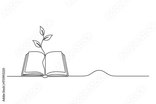 illustration of a book with a flower,
Line Drawing of an Open Book with Growing Plant,
Continuous Line Art Symbolizing Knowledge and Growth