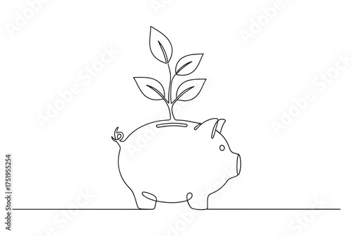 Line Drawing of Piggy Bank with Sprouting Plant ,
piggy bank with green leaves,
Continuous Line Art Symbolizing Financial Growth
