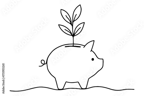 piggy bank with green leaves,
Line Drawing of Piggy Bank with Sprouting Plant, Continuous Line Art Symbolizing Financial Growth and Prosperity