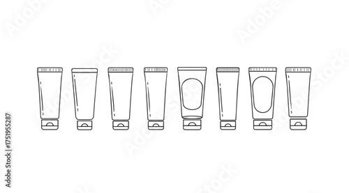 Collection of empty cosmetic tubes with caps lined up for product packaging mockups vector