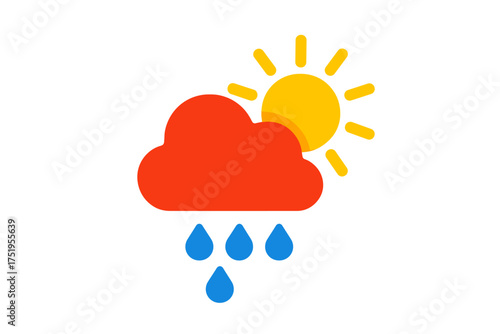 Bright sun partially obscured by a red cloud with blue raindrops falling below