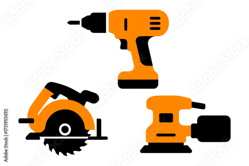 Cordless drill, circular saw, and orbital sander power tools set for DIY projects