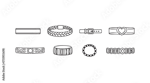 Collection of eight hand-drawn fashion accessories including bracelets and belts vector