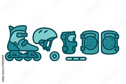 Set of inline skating safety equipment including helmet, roller skates, and protective pads