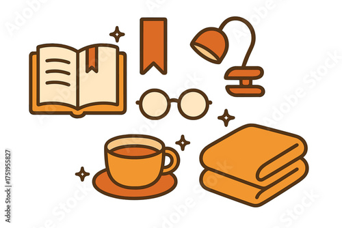 Cozy reading essentials set including open book glasses coffee cup lamp and blanket