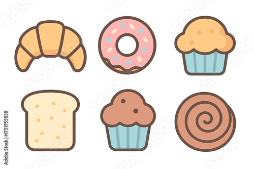 Six cute cartoon baked goods including croissant, donut, bread, and muffins