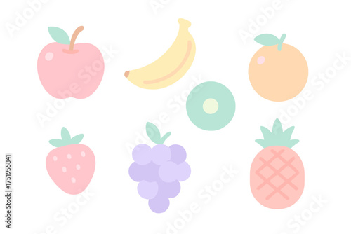 Pastel fruit sticker collection featuring apple banana kiwi orange strawberry grapes and pineapple
