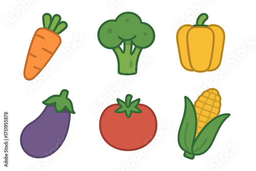 Six colorful vegetable icons: carrot, broccoli, bell pepper, eggplant, tomato, and corn
