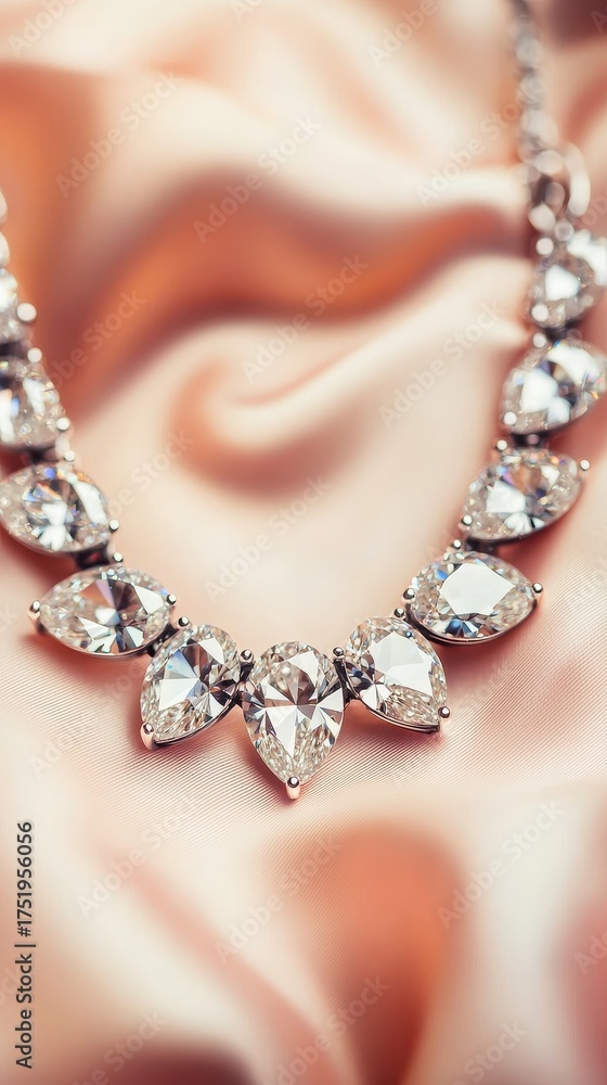 Obraz premium Close up of sparkling diamond necklace featuring teardrop and oval cut stones on soft pink satin fabric