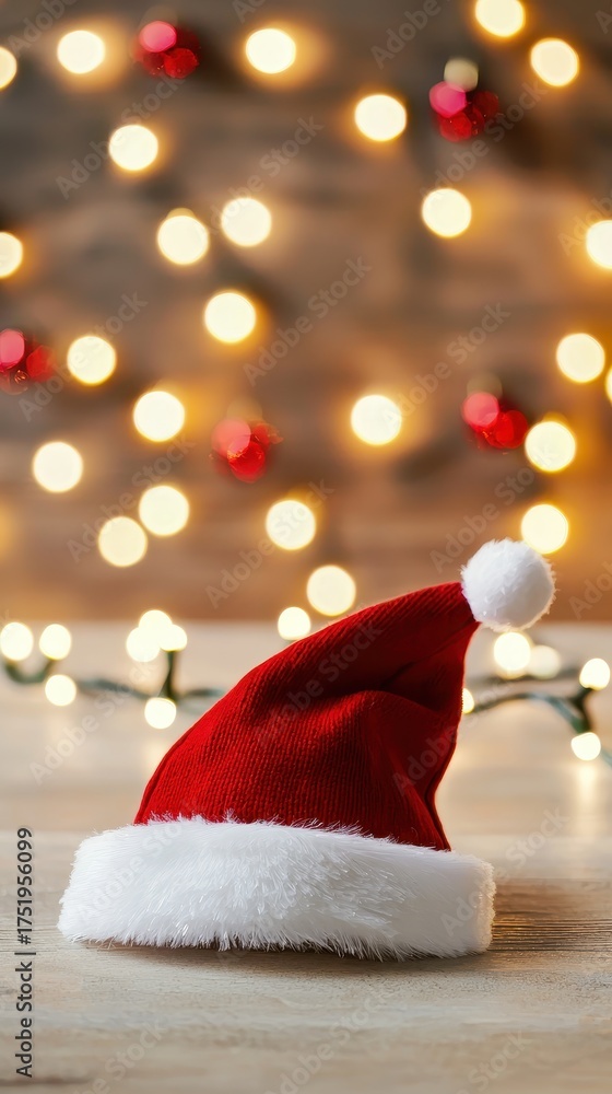 Fototapeta premium Red Santa hat with white trim rests on a wooden surface with soft bokeh lights