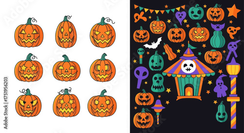 Collection of grinning carved halloween pumpkins jack o lanterns and spooky decorations festive autumn celebration theme vector