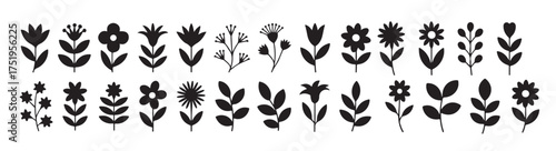 thirty black floral silhouettes botany graphics set simple 