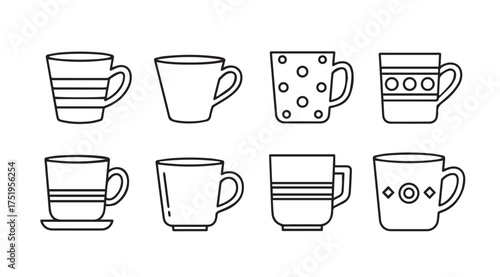 Collection of eight doodle style hand drawn mugs and cups with various patterns for hot beverages vector