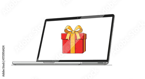 Laptop displaying a red gift box with a yellow ribbon on its screen against a plain white background.