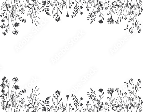 hand drawn botanical border soft gray continuous line floral and foliage sketches art