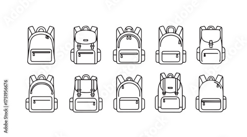 Collection of backpack icons representing various styles for travel and everyday use vector