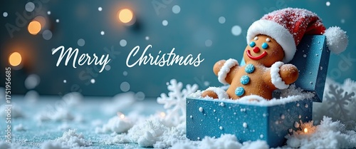 A festive gingerbread man wearing a santa hat sits in a sparkling blue gift box surrounded by snow and snowflakes, with bokeh lights in the, conveying a merry christmas message