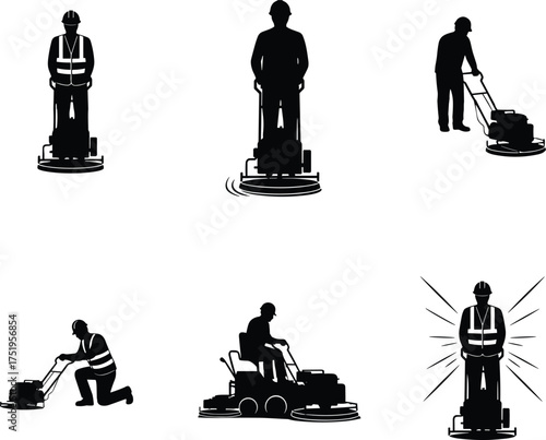 Floor cleaning machine icons, industrial cleaning illustration, safety gear operator, ride-on polisher, kneeling cleaner, black silhouette, janitorial equipment, workplace hygiene tools
