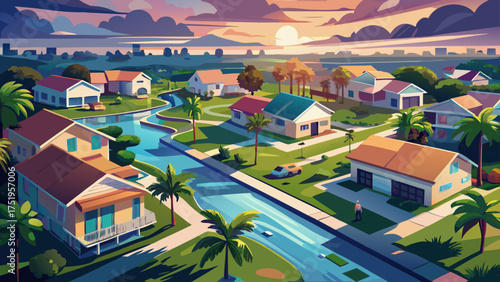 
Very beautiful aerial view of suburban neighborhood in Florida after tropical storm rainfall, showing calm flooded streets reflecting clouds and sunlight peacefully.