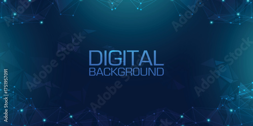 Digital background with glowing connected dots and polygon network on dark blue.