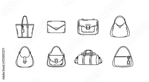 Collection of hand-drawn style fashion handbags and purses for women's accessories fashion vector