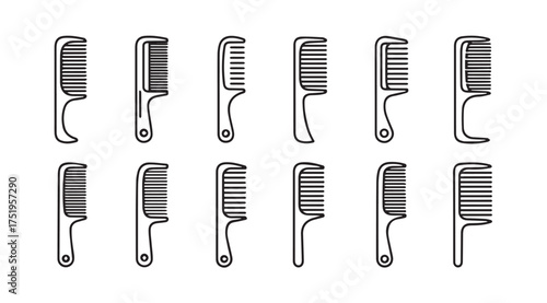 Set of twelve various black outline hair combs and styling tools isolated on white surface vector