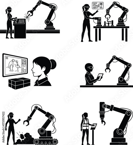 Human robot interaction, robotic arm collaboration, automation technology, industrial robotics, tablet control, construction robot, lab automation, inspection scene, black illustration