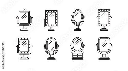 Collection of decorative hand drawn vanity mirrors with light bulbs and elegant frames on stands vector