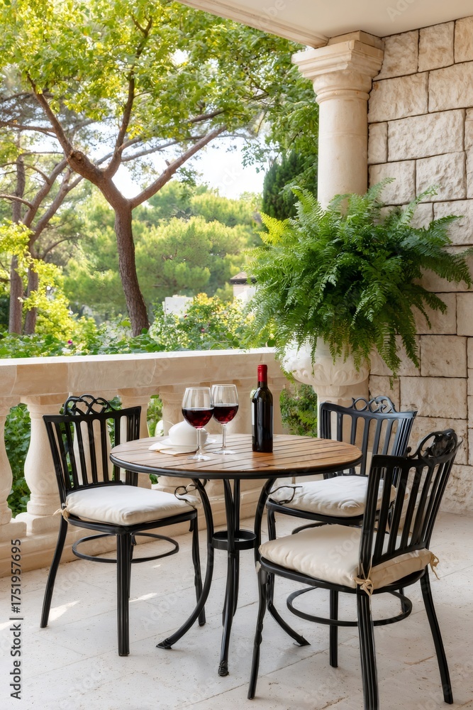Fototapeta premium Balcony terrace offering red wine, preparing for a relaxing romantic evening