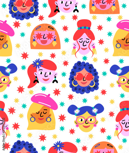 Pattern of girls' faces on a white background.