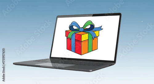 A laptop displays a colorful gift box with a ribbon on its screen against a blue gradient background.
