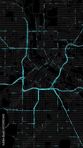 Urban Traffic Flow Map Simulation in Minneapolis, Minnesota, GPS Smart city route Transportation Portrait