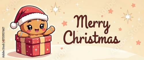 Cute gingerbread man wearing a santa hat popping out of a gift box with merry christmas text and stars in the, festive holiday illustration