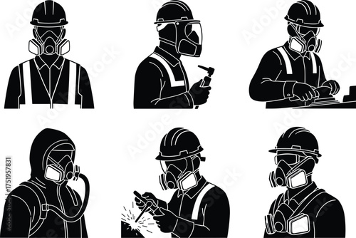 Industrial workers with PPE, welding torch, respirator gear, control panel operation, hose spraying, sparks, safety equipment, protective suit, technical tools
