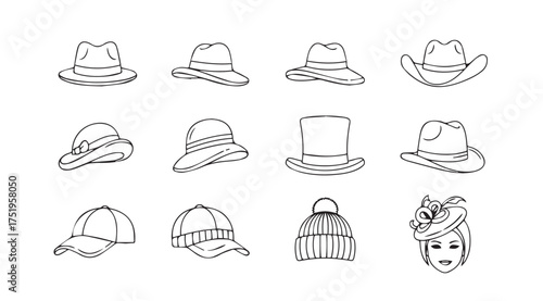 Collection of diverse hand-drawn headwear sketches including hats caps and beanies in a collage layout vector