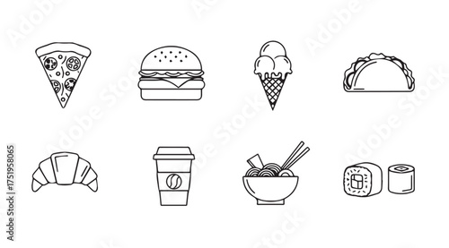 Whimsical hand drawn icons representing popular fast food and delicious treats for your design needs vector