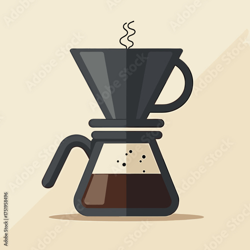 Coffee brewing illustration depicts a stylish carafe with dripper filled with dark liquid, hot coffee brewing uses the pourover method with filtered paper and glass decanter, steam curls appear.