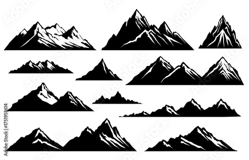Mountain vector silhouettes set. Bold black and white peaks in minimal style. Ideal for logos, outdoor adventure branding, travel posters