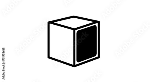 A simple black and white illustration of a cube with one side shaded in black, presented on a white background