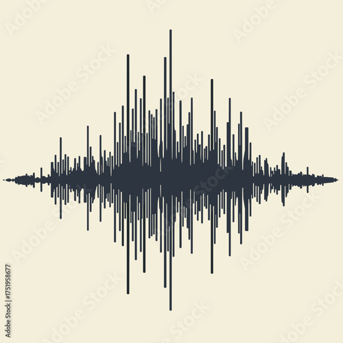 Abstract dark blue sound waves representing graphic audio signal against almond background, for data visualizations. Graphic audio signal with stylized peaks and valleys, presents waveform,