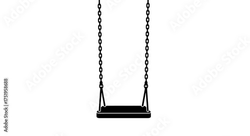 A solitary black swing with metal chains hanging in isolation on a clean white background, symbolizing childhood, memories, and recreation