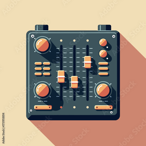 Retro audio mixer with sliders, buttons, and knobs set against warm background. Audio mixer enables musical composition and creative sound effects. Enjoy unique audio mixer for design purposes.