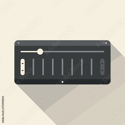 Sound mixer with sliders for audio level adjustment and digital control. Sound mixer panel with multiple vertical faders for music production and volume control.
