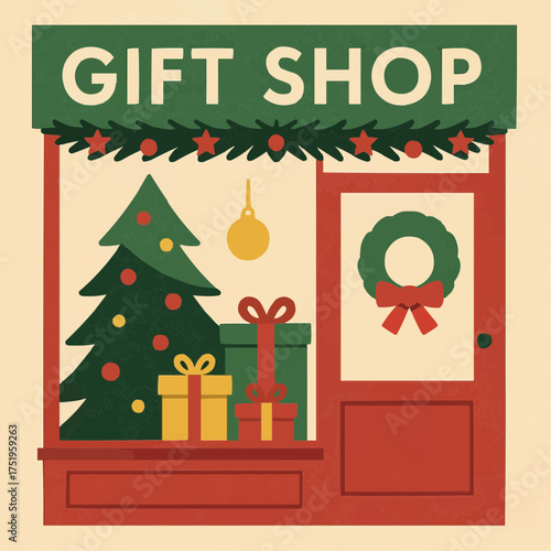 Charming Christmas gift shop window displays festive holiday cheer and presents